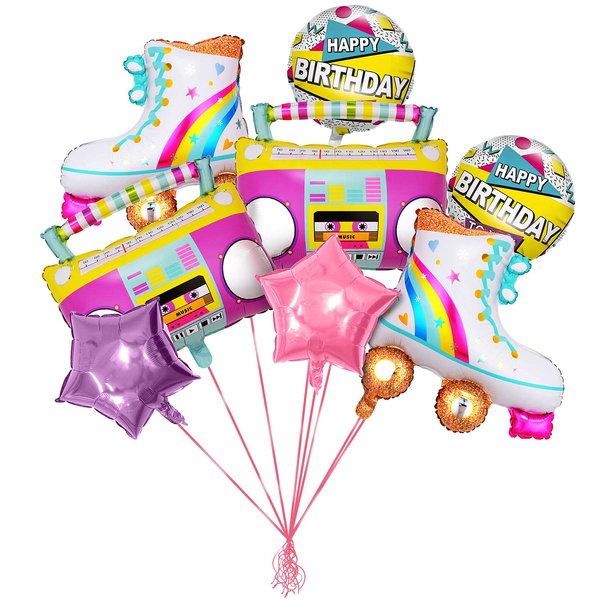 8 PCS Roller Skate Rainbow Balloons Inflatable Radio Boombox Props for 80s 90s Party Decorations Retro Theme Hip Hop Birthday Party Back to the 80S 90S decorations