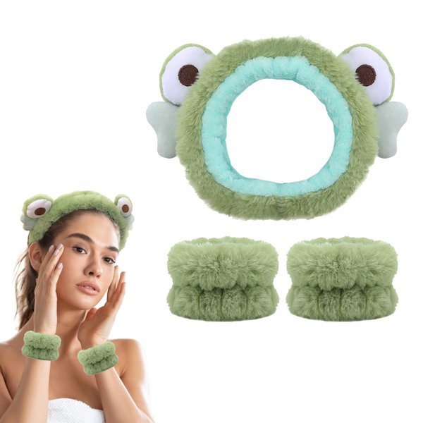 3-Piece Frog Spa Headband and Wristband Set - Green Frog Eye Elastic Headband,Cute Makeup Hair Band with Wristband for Women Girls Face Washing Skincare Shower