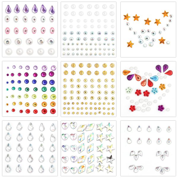 9 Sheets Face Gemstone Stickers, Multi-Style Self Adhesive Rhinestones Face Diamonds Gems Jewels Colorful Rhinestone Embellishment Stickers for Makeup Party Festival