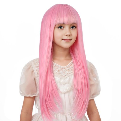 Edivd Girls Light Pink Wig Long Pastel Pink Wig with Air Bangs for Kids Long Pale Pink Straight Wig for Child Heat Resistant Synthetic Wig with Wig Cap