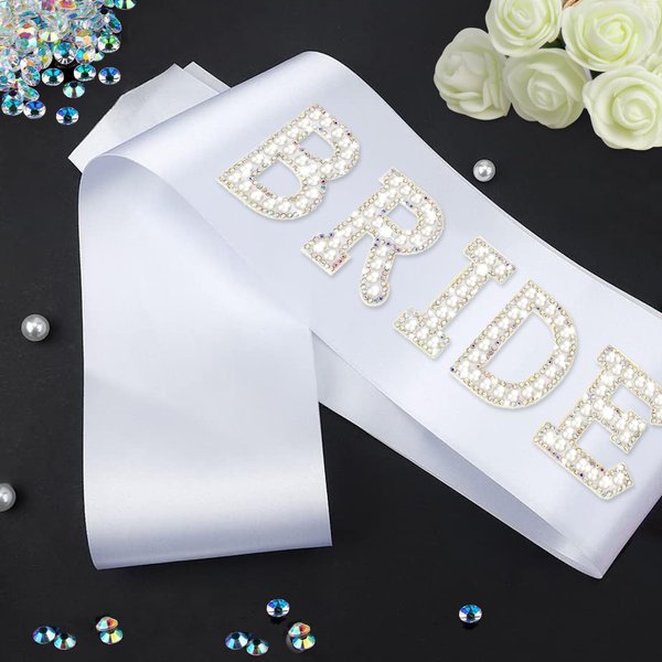 Eyuwn White Bride Sash with Pearls and Rhinestones, Bachelorette Party Sash, Bridal Shower Gift Wedding Party Decorations
