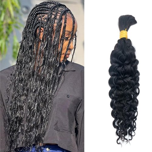 IXIMII Water Wave Bulk Human Braiding Hair 18 inch 100g 100% Human Hair for Braiding Natural Black No Weft Curly Hair Extensions for Boho Braids