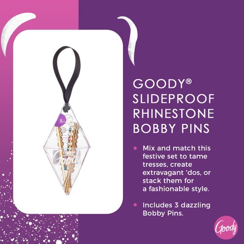 Goody Holiday Ball Stone Bobby Pins - 3 Count, Slideproof Rhinestone Bobbies - Hair Accessories for Men, Women, Boys and Girls to Style With Ease and Keep Your Hair Secured - For All Hair Types