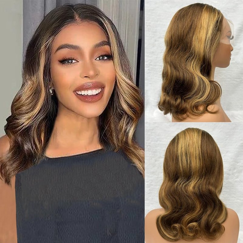 Honey Blonde Bob Wig Human Hair 16 Inch 13x4 Body Wave 4/27 Highlight ...