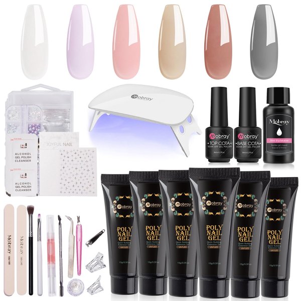 Mobray Poly Nail Extension Gel Kit Starter-6 Colors Skin tone nude brown series Builder nail Gel All In One kit with 6W Nail lamp and Complete Poly Nail Art Tools for Beginner DIY And Gifts