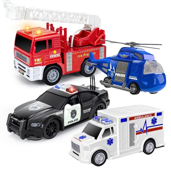 Ynanimery Fire Truck & Ambulance & Helicopter & Police Car Play Vehicles Toys Sets, 4 Pack Friction Powered Vehicles with Lights & Sounds,Toys for 2 3 4 5 6 Year Old Boys Toddlers Birthday