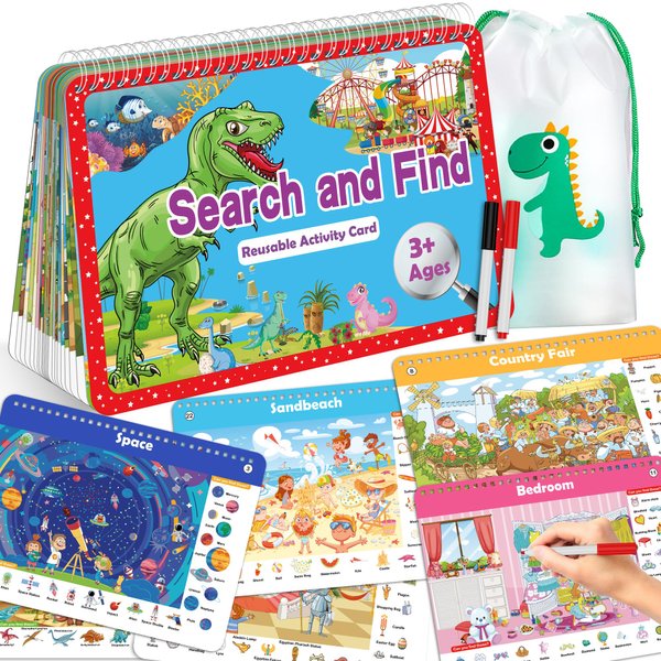 Elfew Search and Find Book for Kids Ages 4-6,3-8, Reusable Activity Mats with 2 Dry Erase Markers 24 Themes Activity Book,Educational Toys for 3+ Year Old