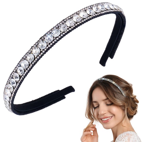 HINZIC Non-Slip Rhinestone Headbands for Women, Sparkling Crystal Hair Bands for Bridal Wedding, Bling Diamond Hair Styling Clips Accessories for Girls- White