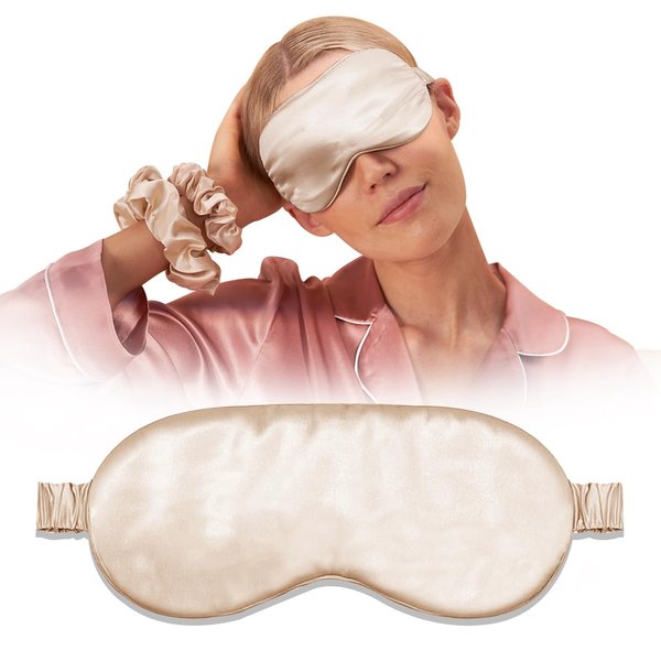 QIYUE Eye Mask for Sleeping Made of 100% MulberrySilk, Softest & Breathable Silk Eye Sleep Mask,Silk Sleep Mask for Women Men,Eye Sleep Shade Cover,Blocks Light Reduces Puffy Eyes Gifts (Champagne)