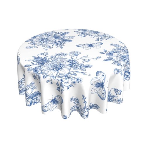 Spring Floral Tablecloth Round 60 Inch Ruitic Butterfly Table Cloth Waterproof Fabric Farmhouse Blue White Flower Tablecloths Decorative for Holiday Home Party Wedding Picnic