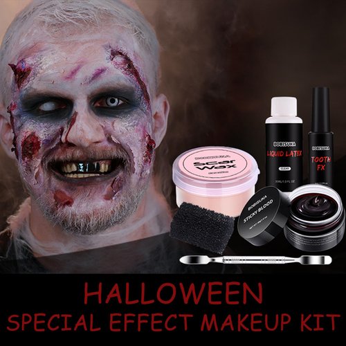 BOBISUKA 6 Piece Halloween SFX Special Effects Makeup Kit - Fake Blood Gel + Clear Liquid Latex + Black Tooth Paint + Modeling Scar Wax with Spatula Tool and Black Stipple Sponge All in One