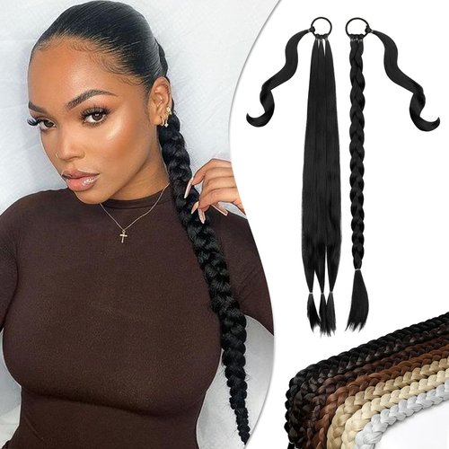 Wodelanle Long Braided Ponytail Extension with Hair Tie Dark Black Straight Wrap Around Braid Ponytail Hair Extensions Natural Soft Synthetic Hair Piece for Women Daily Wear(26 inch)
