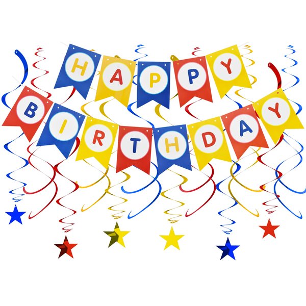 BEISHIDA Red Blue Gold HAPPY BIRTHDAY Banner with 12pcs Red Blue Gold Stars Hanging Swirls Garland Birthday Party Decorations Sets for Birthday Party Supplies, Kids Girls Birthday Decorations
