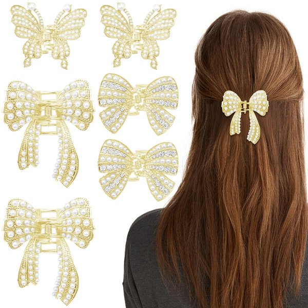 6 Pcs Gold Pearl Hair Claw Clips Butterfly Bowknot Hair Claws Small Rhinestone Fancy Hair Clips Metal Sparkling Hair Clamps Hair Styling Accessories for Women Girls