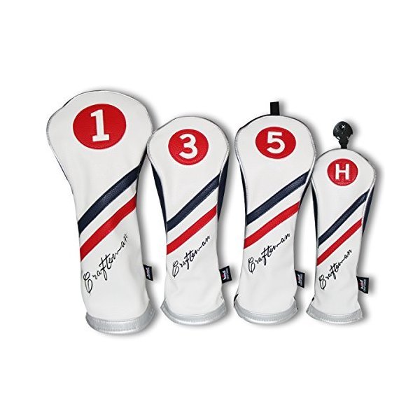 Craftsman Golf White Blue Red Pu Leather Diagonal Stripes Driver/Fairway Wood/Hybrid Headcover #1#3#5 H for All Brands Callaway Big Bertha Cobra Taylormade Ping Mizuno Etc.(4pcs (1,3,5,H))
