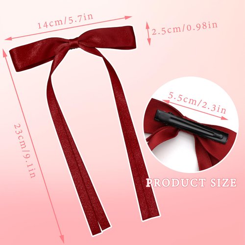 FULZTEY Hair Bows for Women Girls Tassel Ribbon Bowknot Hair Clips with Long Tail Solid Satin Bow Clips Kawaii French Barrettes Hairclips for Long Hair Accessories 6Pcs (Red Black Green)