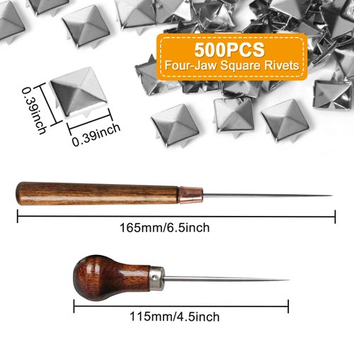 SBYURE 500 Pieces 10mm Four-Jaw Square Rivets Silver Metal Pyramid Studs Handicraft DIY Punk Spikes Spots Studs Accessories with 2 Pack Straight Tipped Scratch Awl Craft Tool