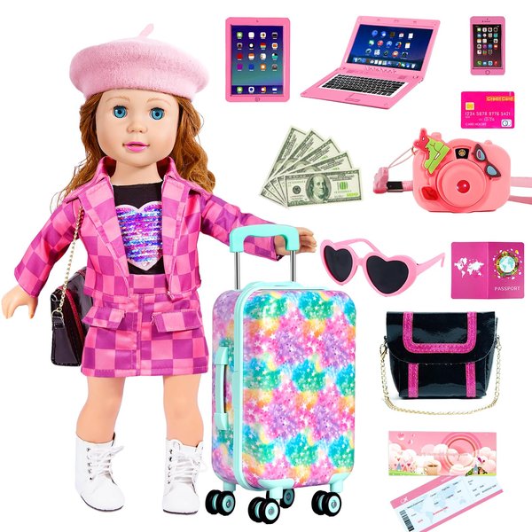18 inch Doll Clothes Accessories Girl Suitcase Luggage Travel Set Including 18 inch Doll Clothes Hat Handbag Sunglasses Camera Computer Passport Cell Phone Tablet, Gift for Christmas Birthday