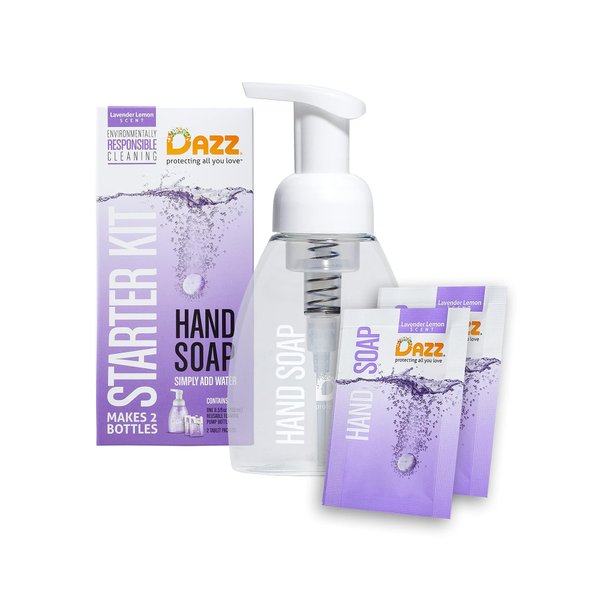 Dazz Foaming Hand Soap Starter Kit Eco Friendly Refillable Foam Hand Wash - Includes 2 Refill Packets + 8.5oz Foam Hand Soap Pump - Lavender-Lemon Scent - Fits All Glass Foaming Pumpers