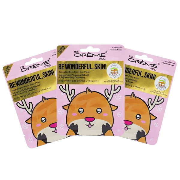 The Crème Shop Be Wonderful, Skin! Reindeer Holiday Animated Face Sheet Mask | Korean Sheet Mask | Holiday Gifts for Women | Stocking Stuffers (3 Pack)