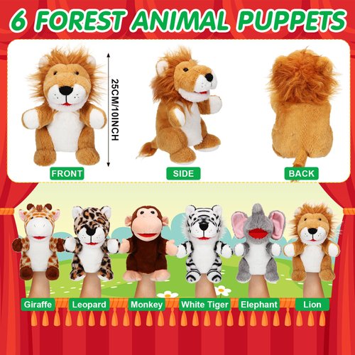 Lenwen 6 Pcs Christmas Hand Puppets for Kids with Working Mouth 10 Inches Plush Animal Hand Puppets Bulk Toddler Animal Plush Toys for Adults Halloween Xmas Birthday Party Favors Gifts(Forest Animal)