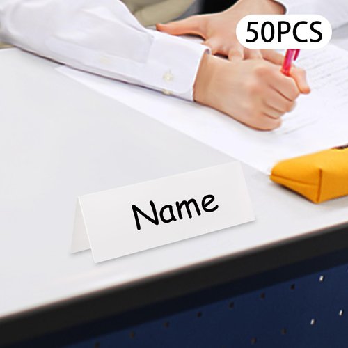 DYNAMI 50 Pack Reusable Name Tent Cards,Acrylic Porcelain Whiteboard Dry Erase Name Tent Table Cards,Classroom Name Tags,Wedding Guest Name Tents, White,8.7" x 2.7" (50 Pack)