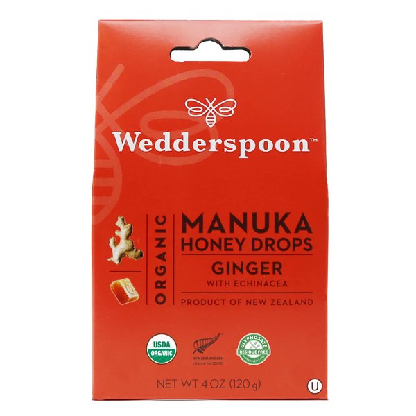 Wedderspoon Organic Manuka Honey Drops, Ginger & Echinacea, 20 Count (Pack of 1) | Genuine New Zealand Honey | Perfect Remedy For Dry Throats