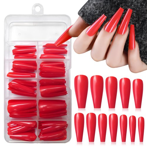 Lifextol 120pc Coffin Press on Nails Medium Length Colored Long Ballerina Red Fake Nails Full Cover Acrylic Tips False Artificial Fingernails Presson Nails for Women Girls