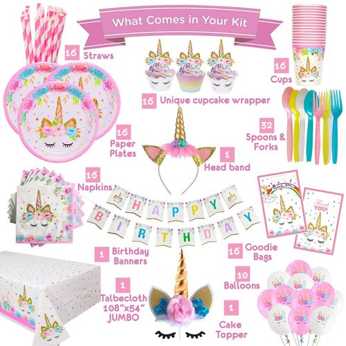 Unicorn Birthday Decorations for Girls - Purple Unicorn Party Supplies and Plates for Girl Birthday, Best Value Unicorn Party Decorations Set for Creating Unicorn Theme