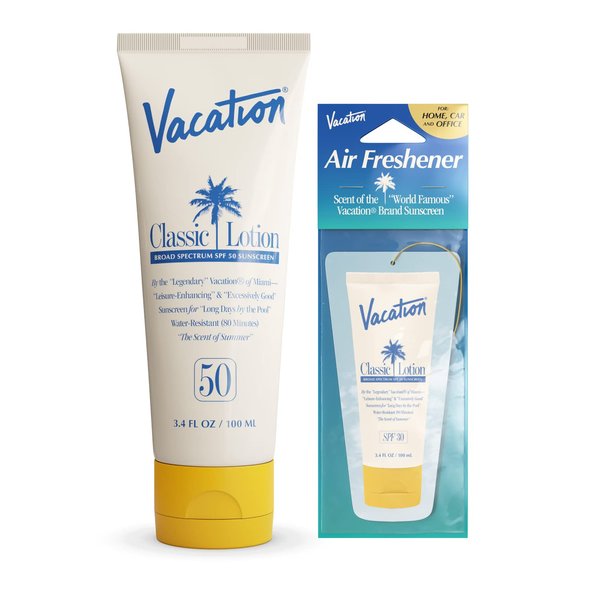 Vacation Classic Sunscreen Lotion SPF 50 + Air Freshener Bundle, Water Resistant Broad Spectrum Sunscreen Sun Block, Vegan Sun Tanning Lotion, Body Lotion with SPF, SPF 30 Sunscreen, 3.4 Fl. Oz.