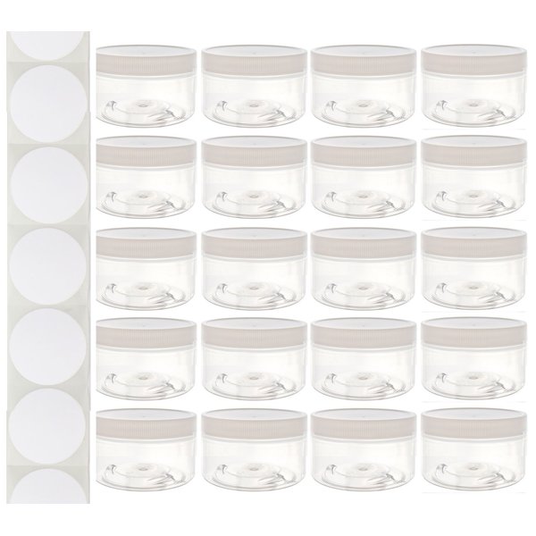 4 Ounce Plastic Wide-Mouth Storage Jars (20 pack) - Low Profile Straight-Sided Clear Empty Refillable Food-Grade BPA-Free PET Containers with White Screw-On Lids - 70mm 70-400 70/400 Made in the USA