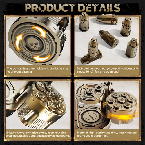 Metal Dice Set of 7, Rotatable Bullet Dice Set Revolver Storage Container, Rotating Fingertip Stress Relief Polyhedral Dice Set Toy, Metal Dice Set for Warhammer 40K, DND & Other Board Games(Brass)