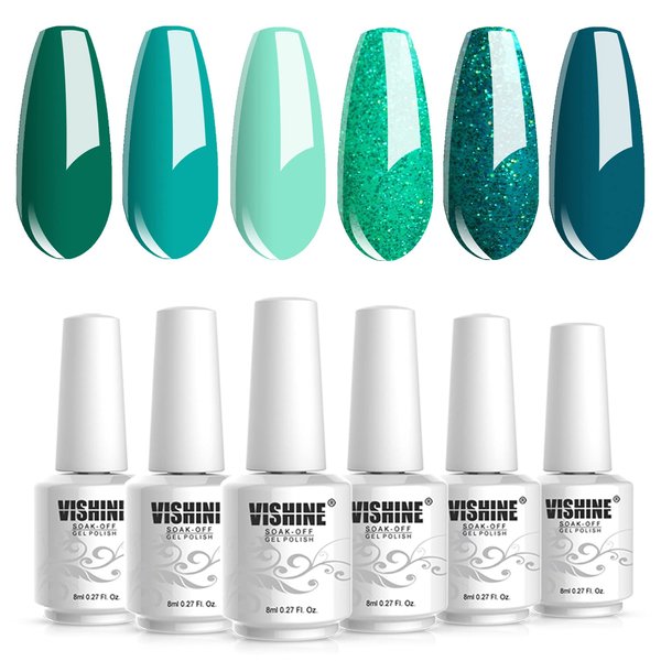 Vishine Gel Polish Set Green Teal Blue Glitter Colors 6pcs Soak Off UV LED Gel Nail Manicure Kit 8ML