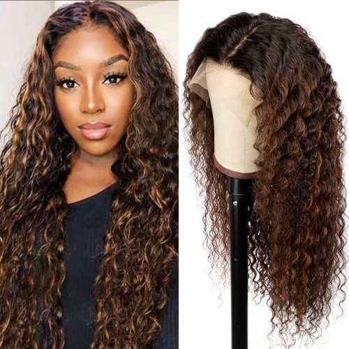 Lovenea Deep Curly 13x4 Lace Front Human Hair Wig 18 Inch FB30 Highlight Lace Front Wigs Pre Plucked Human Hair Wigs with Baby Hair 180% Density Natural Hairline (18 Inch)