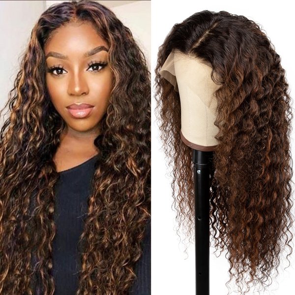 Lovenea Deep Curly 13x4 Lace Front Human Hair Wig 18 Inch FB30 Highlight Lace Front Wigs Pre Plucked Human Hair Wigs with Baby Hair 180% Density Natural Hairline (18 Inch)