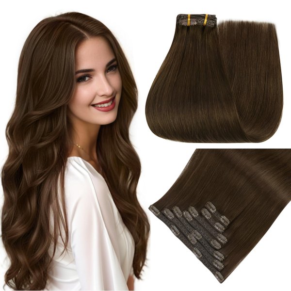 Easyouth Clip in Hair Extensions Brown Clip in Hair Extensions Real Human Hair Brown Real Human Hair Extensions Clip in Extensions Darkest Brown Hair Extensions Clip ins for Women 14inch 7pcs 70g