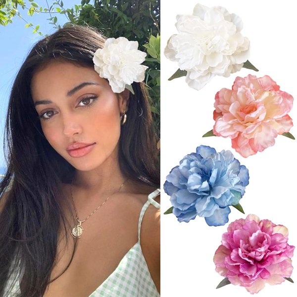 4Pcs Hawaiian Flower Hair Clips for Women,Rose Hair Clips Hair Barrettes 3.5 Inch Artificial Flower Clips,Hair Accessoriesfor Vacation Beach Party, Boho Clips Hairpin for Girls Wedding
