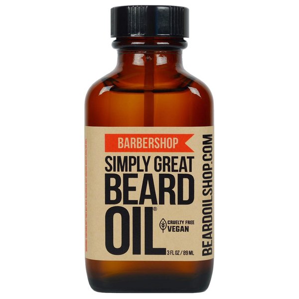 Simply Great Beard Oil - BARBERSHOP Scented Beard Oil - Beard Conditioner 3 Oz Easy Applicator - Natural - Vegan and Cruelty Free Care for Beards - Gifts for Men