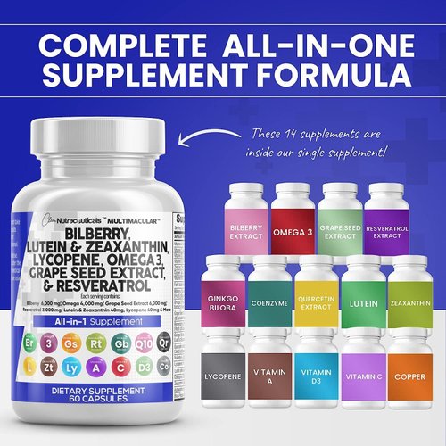 Clean Nutraceuticals Eye Health Vitamins with Bilberry 6000mg Lutein & Zeaxanthin 40mg Lycopene 40mg Resveratrol 3000mg Grape Seed Extract 6000mg Omega 3 4000mg Astaxanthin - Eye Vitamin - 60 Capsules