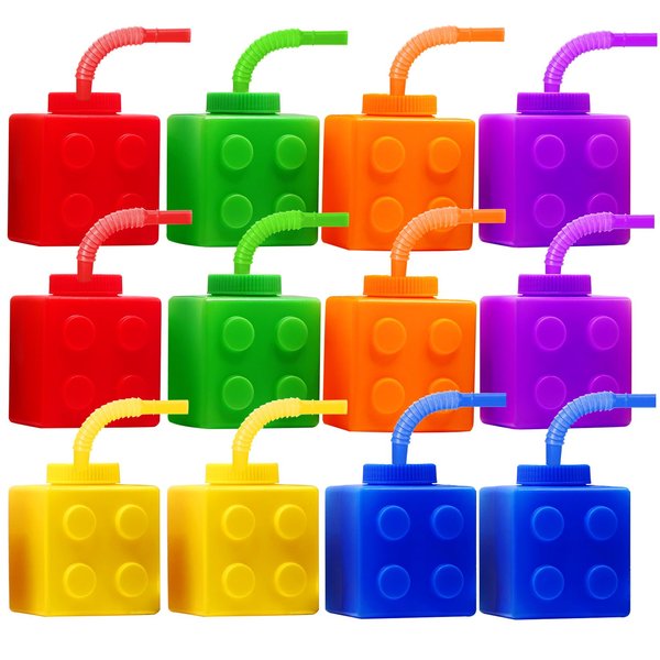 8HREST Building Blocks Cups 12 oz Reusable Brick Party Kids Cup Plastic Party Cups with Lids and Straws for Block Birthday Party Supplies Favors 12 PCS
