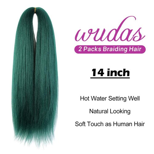WUDAS Green Braiding Hair 14 Inch Short Pre Stretched Hair Straight Yaki Texture Synthetic Hair Extensions Softness, 2 Packs