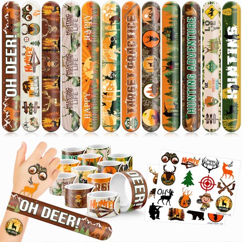Cherisnowy 48 PCS Hunting Party Favors 24PCS Tattoos Sticker 24PCS Slap Bracelets Wristbands Perfect for Themed Birthday Baby Showers or Classroom Rewards Ideal Decor and Gifts for Girls and Boys