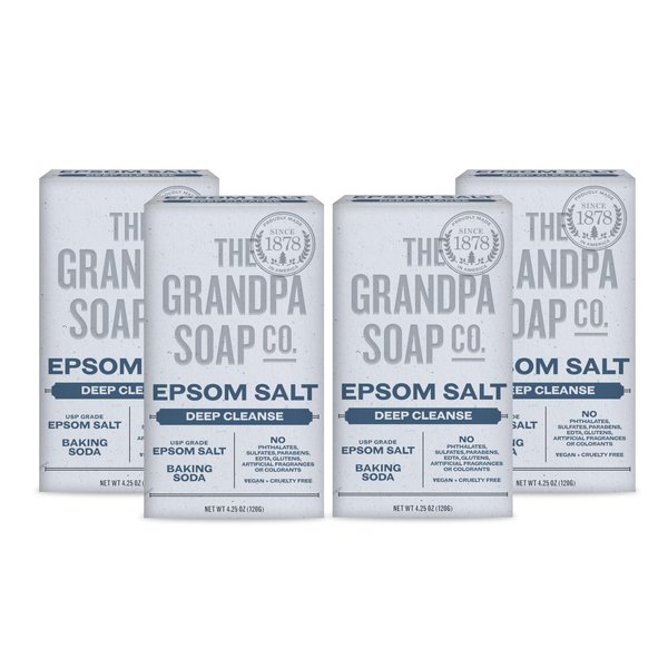 The Grandpa Soap Company Epsom Salt Bar Soap - Deep Cleansing Soap, Made with Epsom Salt and Baking Soda, Removes Dirt Grease and Grime, Vegan, for Face and Body, 4.25 Oz, 4 Pack