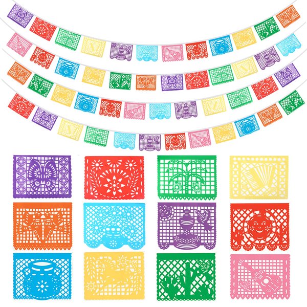Mexican Party Banners - 4 Pack Papel Picado Banner Cino de Mayo Fiesta Party Decorations, Dia De Los Muertos Day of The Dead Decor Flag