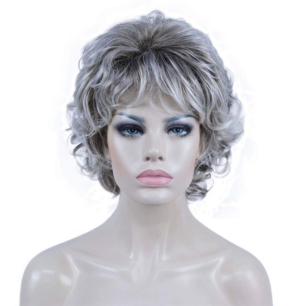 Aimole Synthetic Short Curly Wigs Heat Resistant Full Capless Hair Women Wig (48T Light Gray with Dark Root)