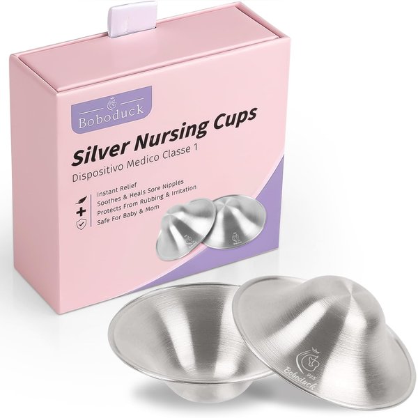 Boboduck The Original Silver Nursing Cups - Nipple Shields for Nursing Newborn, Newborn Breastfeeding Essentials Must Haves for Soothe and Protect Your Nursing Nipples - 925 Silver (Regular Size)