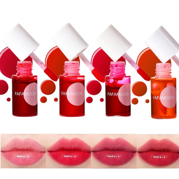 Bekoeen 4PCS Lip Stain,FAFAMOON Long Lasting Lip Gloss,Moisturizing Lip Gloss,Non Sticky Lip Stain Set,Non Sticky Lip and Cheek tint,Korean Lip Gloss,Natural Mini Liquid Water Tint