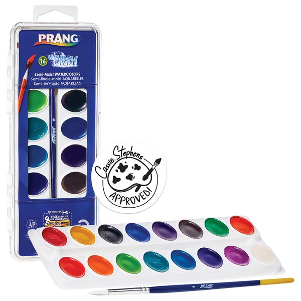 Prang Washable Semi-Moist 16 Classic Colors with 1 brush with shaped pans provide 41% more paint