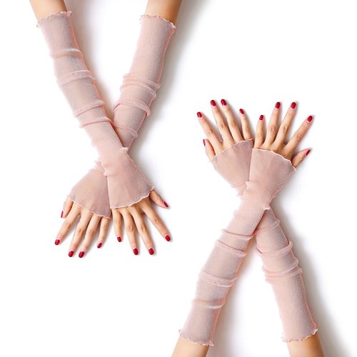 MUYDZ 2 Pair Women's Long Arm Sleeves with Lace Mesh Tulle Gloves, Cooling and Warming Dual Purpose Sun Sleeves for Women, Girls Party and Outdoor Activities (Pink)
