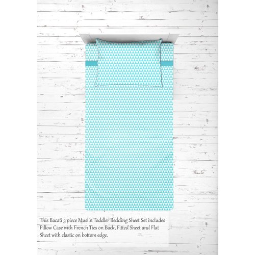 Bacati - 100% Cotton Muslin Tribal/Aztec 3 Piece Boys Toddler Bed Sheet Set Includes Fitted Sheet, Top Sheet, and Pillow Case (Aqua Small Triangles)